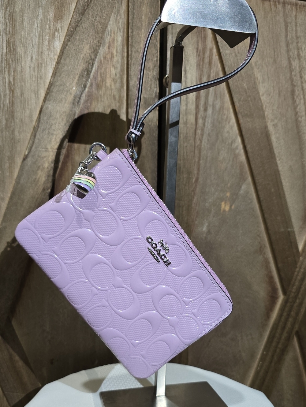 NWT Coach Violet Embossed Logo Leather Heart Charm Wristlet